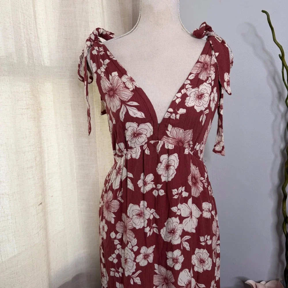 Abercrombie & Fitch Maxi Dress Floral Tie-Shoulder Plunge Neck Women's Small